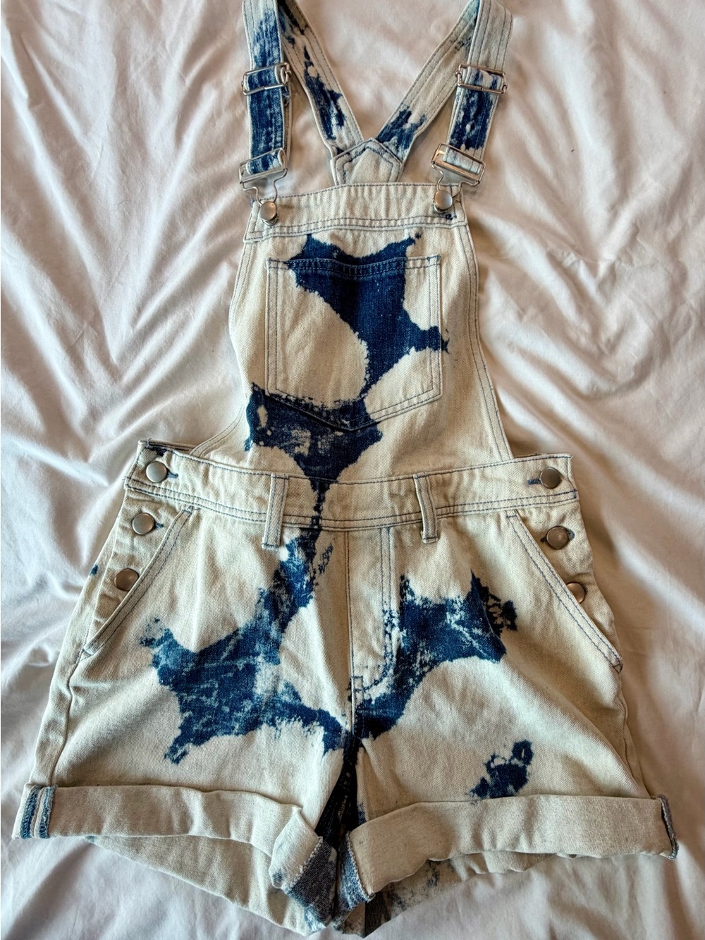 Fashion Nova Cream & Blue Tie-Dye Short Overalls Romper
